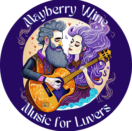 The Mayberry Wine illustration: Kristi and Steven entwined around one guitar, Music for Luvers